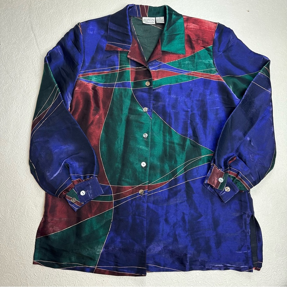 Vintage Allison Daley 90s Rayon Abstract Geometric Shiny Blouse - Size 10